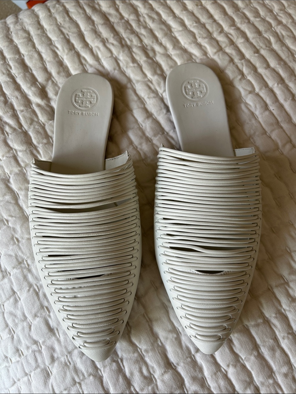 Tory Burch Ivory Braided Leather Slide Mules